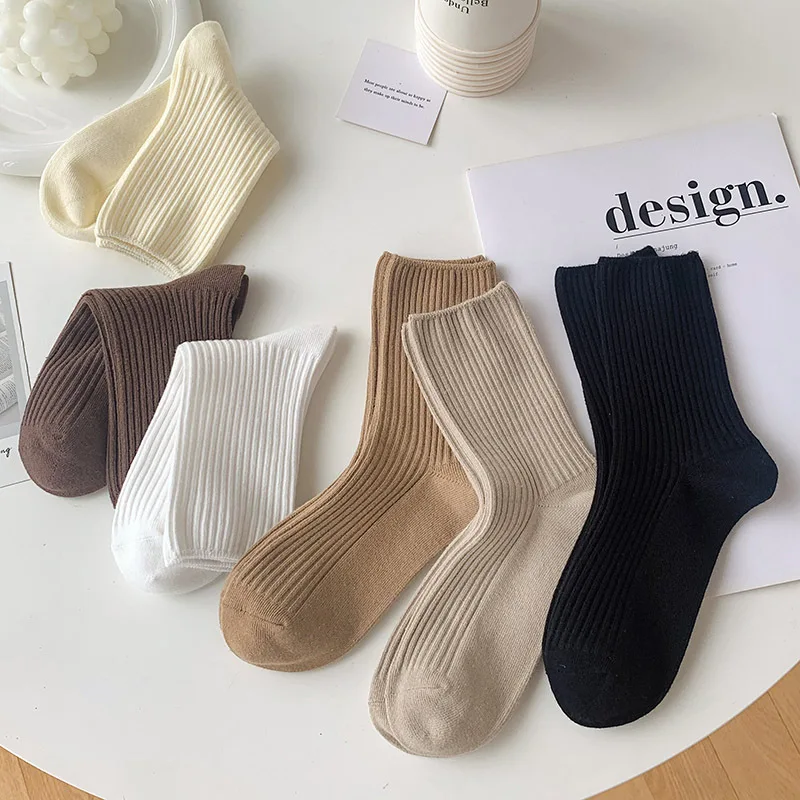 

Brown Socks Women Tube Socks Pure Cotton Spring Autumn Ins Minimalist Style Solid Color Striped Stockings All-match Casual Socks