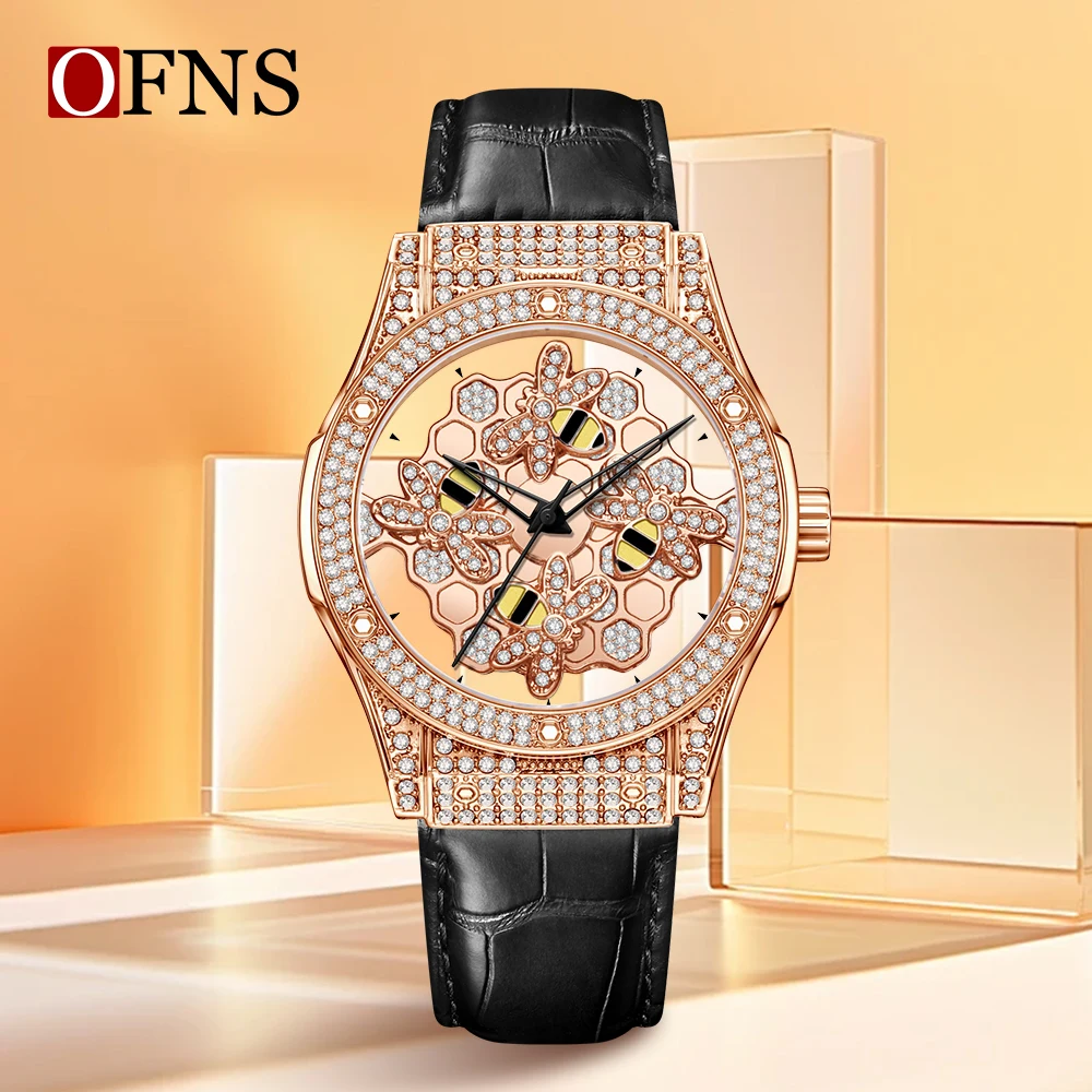 OFNS 1605 Women's Quartz Watch Luxury Diamond Rotating Dial Creative Leisure Waterproof Fashion Women's Elegant Watch