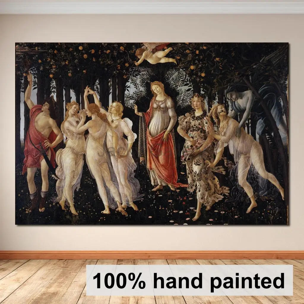 Großes Porträtgemälde 'Primavera' von Sandro Botticelli, Klassisches Kunstwerk, Handgemalte Frauenfigur auf Leinwand für Wohnzimmer-Wanddekoration
