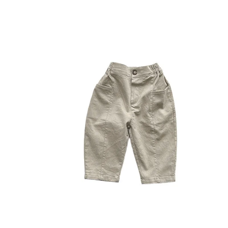 Kids Solid Casual Pants Elastic Waist Button Decor Rolled Cuff Loose Trousers Boys Girls Daily Wear