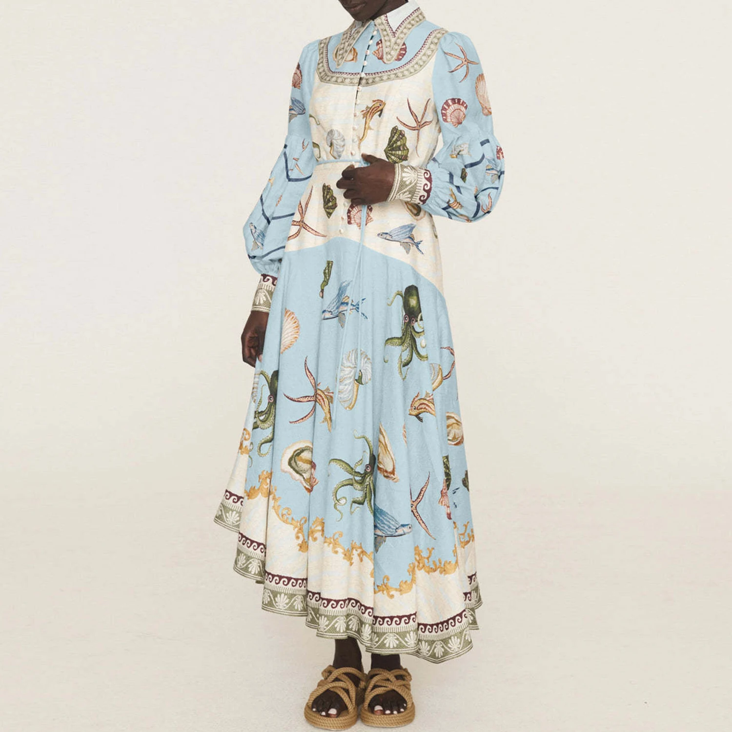 

Women Vintage Floral Print Shirt Collar Puff Sleeve Single Breasted Spring Summer Long A Line Cotton Linen Dress