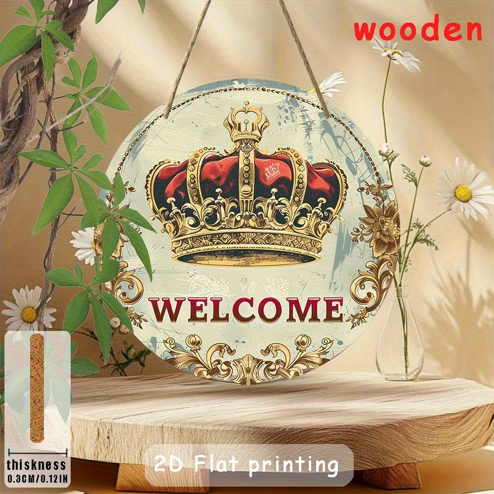 2D Flat, 8x8 Inch Round Welcome Sign - Elegant Red & Golden Crown Decoration, Artificial Wood Hanging Plaque for Home, Office, C
