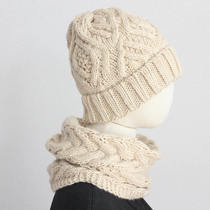 Women Winter Hat Scarf Set Solid Color Twist Knitted Winter Beanie Women Hat Snood Set