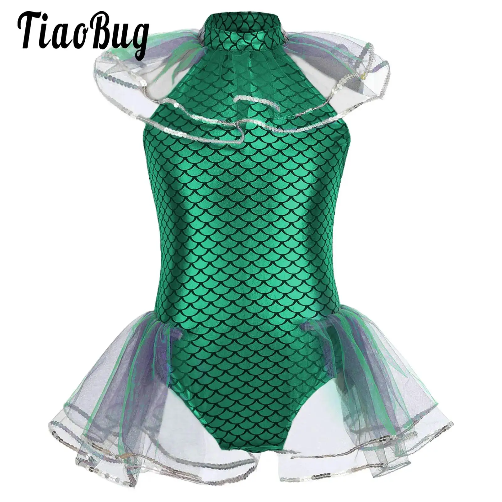 

Kids Girls Mermaid Cosplay Costume Sleeveless Fish Scales Print Mesh Bodysuit with Arm Sleeves for Holiday Party Mermaid Costume