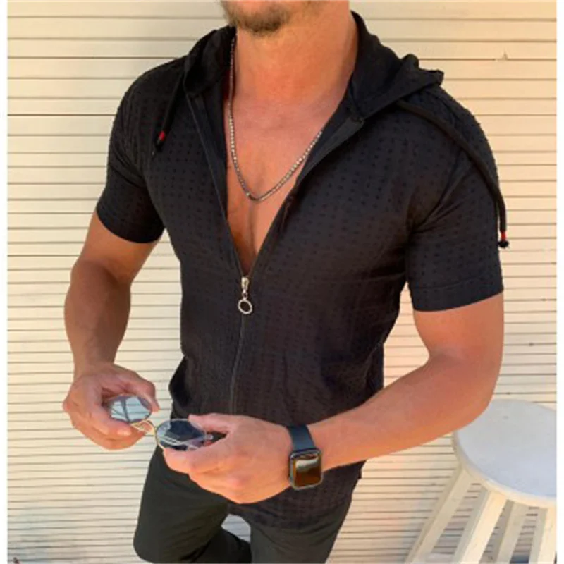 2024 summer trend men's casual slim-fit short-sleeved hooded cardigan shirt sunblock beach