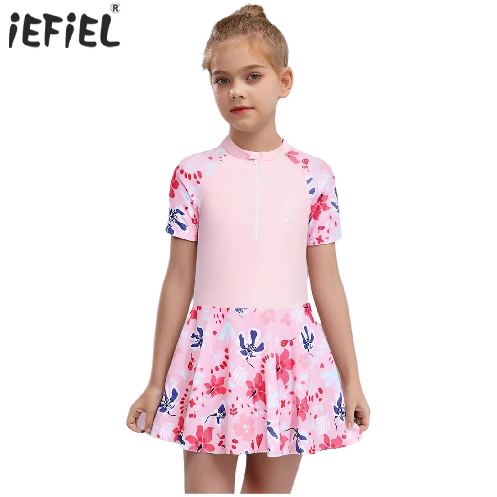 Kids Girls One-Piece Swimsuit Bathing Suit Short Sleeve Zipper Front Floral Printed Dress for Swimming Vacation Beach Water Park