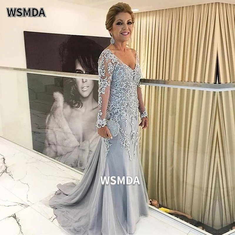 Vestidos de encaje de manga larga para madre de la novia, vestido de fiesta de boda de sirena de tul con cremallera en la espalda, vestido de noche Formal