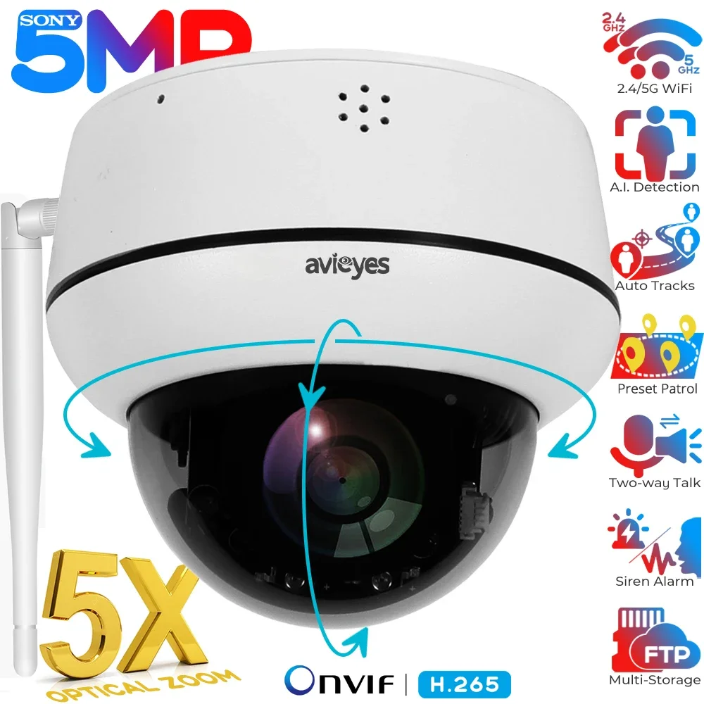 

5MP 5X Optical Zoom Wifi Dome IP PTZ Camera Outdoor Human Detect Auto Tracking 2-way Talk Onvif Wireless Network Cameras Indoor