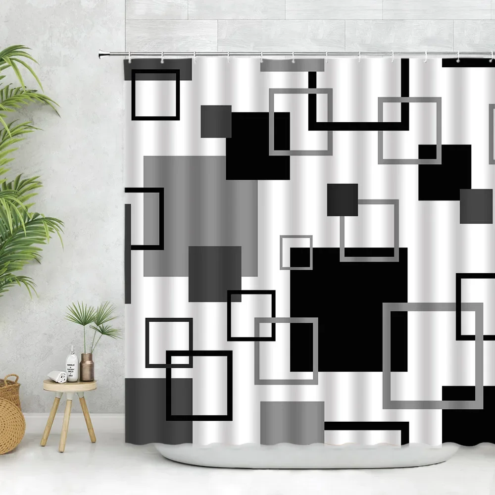 Modern Black Shower Curtain Set with Hooks-Black and White Shower Curtain for Bathroom Fabric Geometric Bath Curtains with Hooks