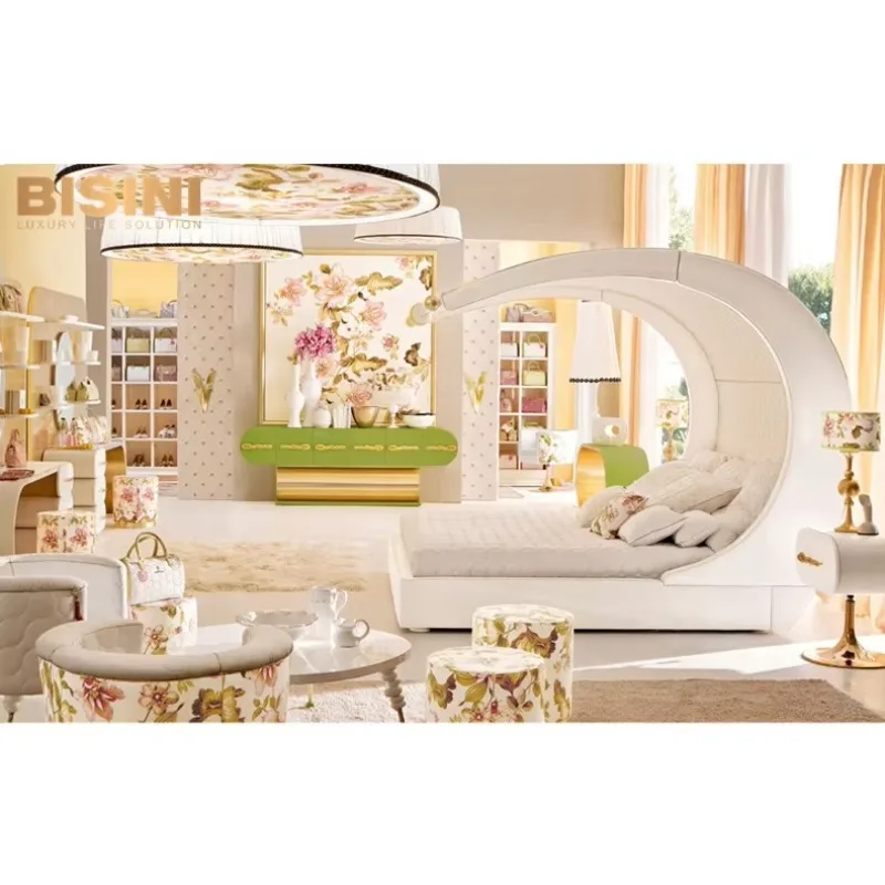 American Country Style Fancy Floral Curved Bed Creative Customized Children Bedroom Furniture Set