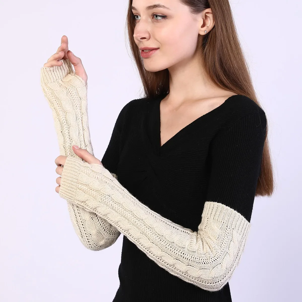 Women\'s Autumn Winter Woolen Fingerless Gloves Long Knitting Warm Cover Arm Warmers Sleeve for Women