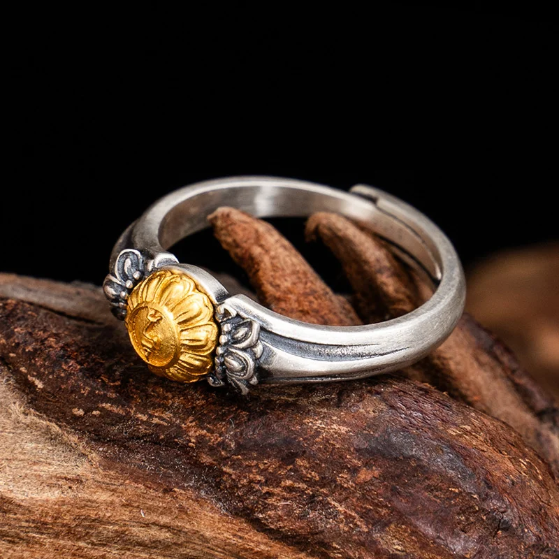 Ethnic Style Gold the Green Tara Ring For Men Jewelry Retro Relief Flower Ring Male Index Finger Accessories Adjustable