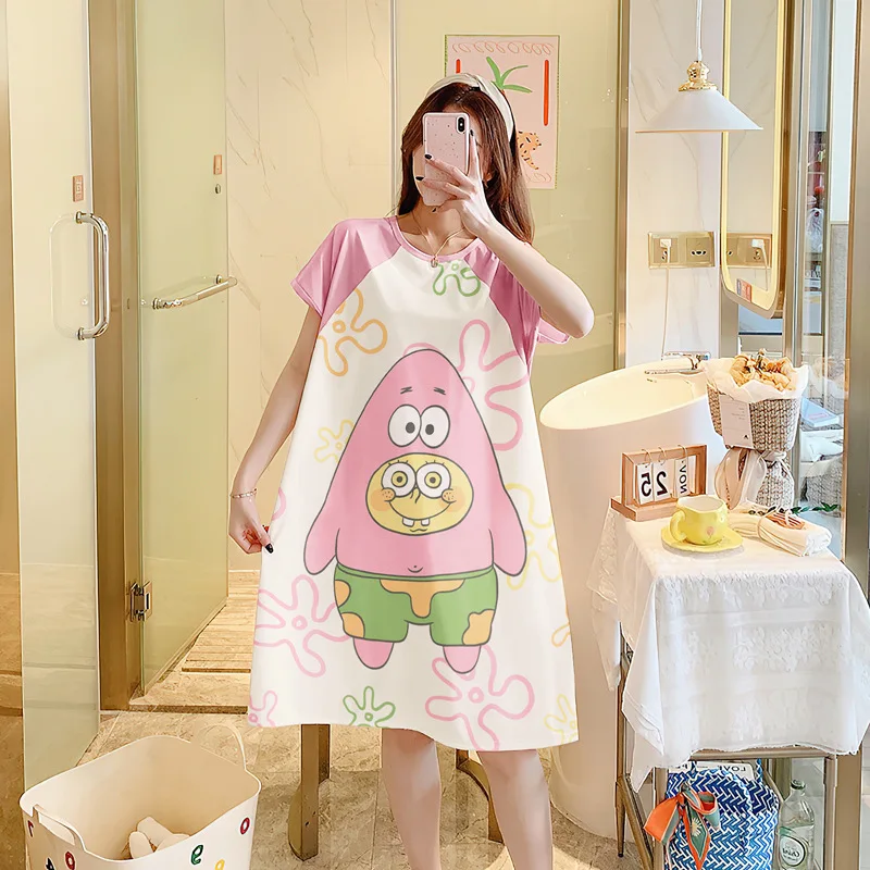 SpongeBob Patrick Star Sleepwear Women Cartoon Sweet Nightdress Short Sleeve Casual Loose Nightgown Student Summer Loungewear