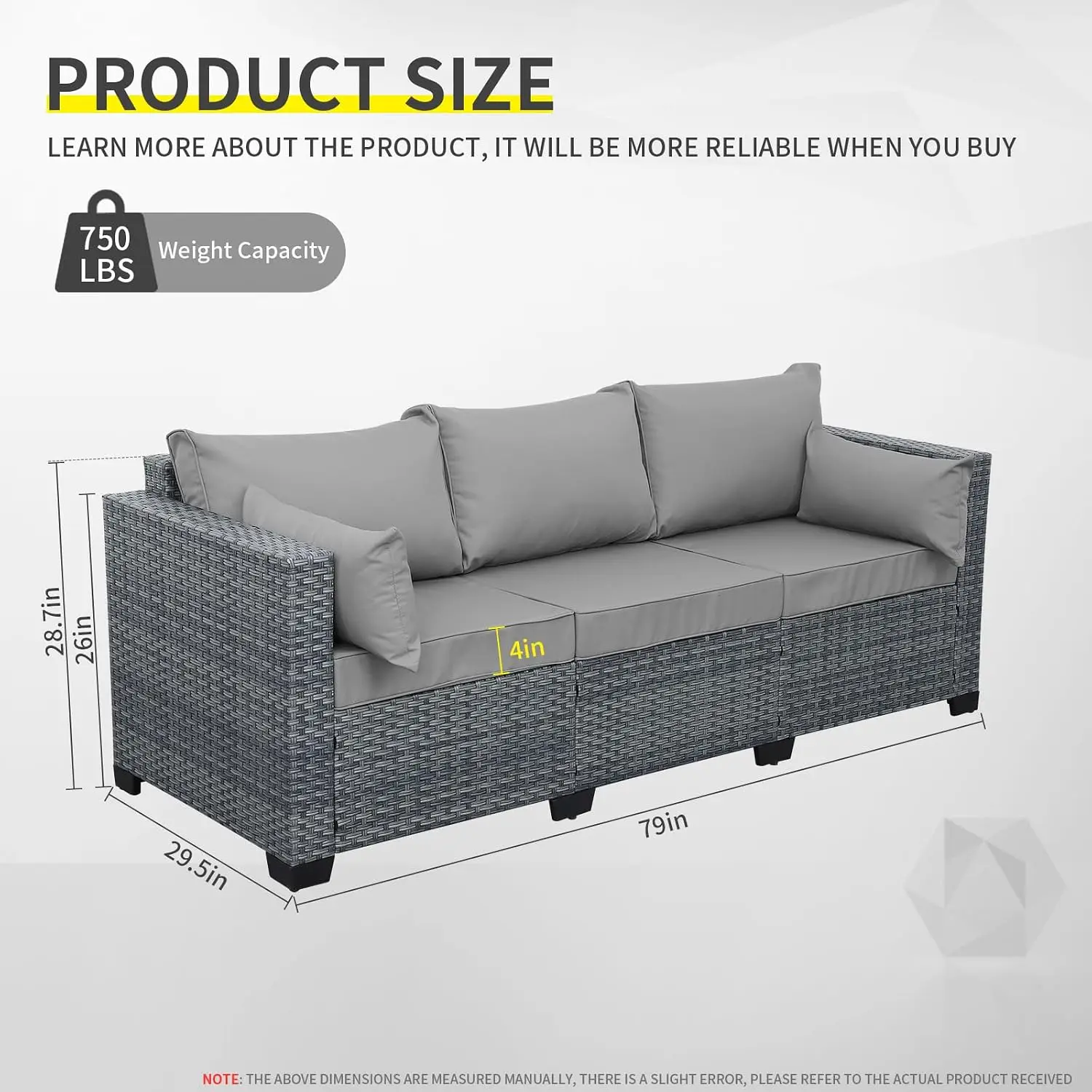 All-Weather Wicker Patio Sofa 3-Seat Deep Seater with Anti-Slip Cushions & Furniture Cover, Light Grey, Customized