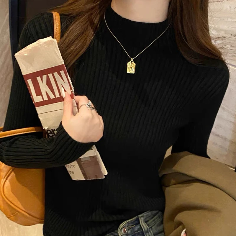 Women Long Sleeved Turtleneck Sweater Harajuku Pullover Women Knit Sweater Slim Elastic Korean Simple Basic Jumper Solid Tops