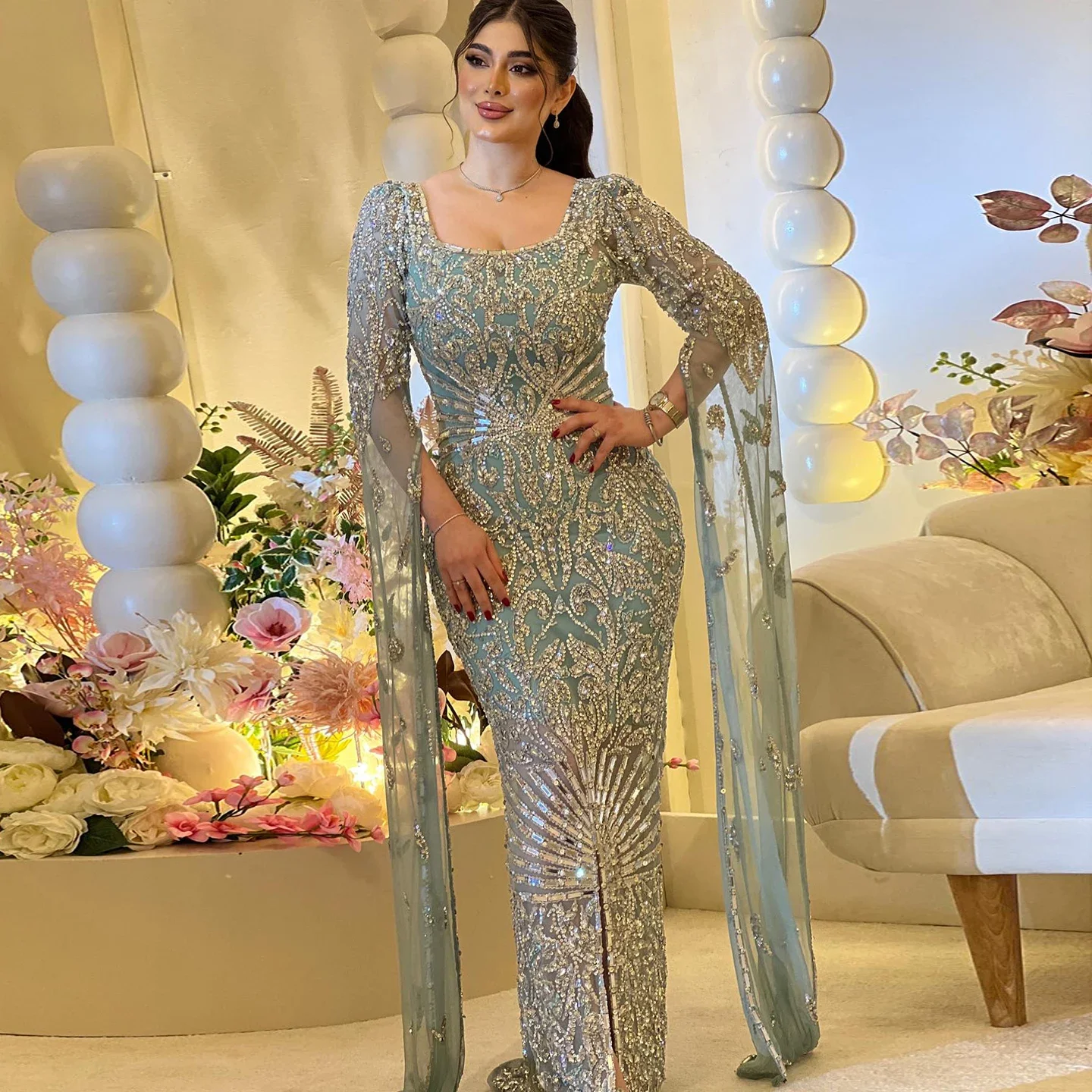 JDY Custom Light Blue Beaded Cape Luxury Evening Dress Modern Style Wedding Party Gown for Women فساتين سهرة