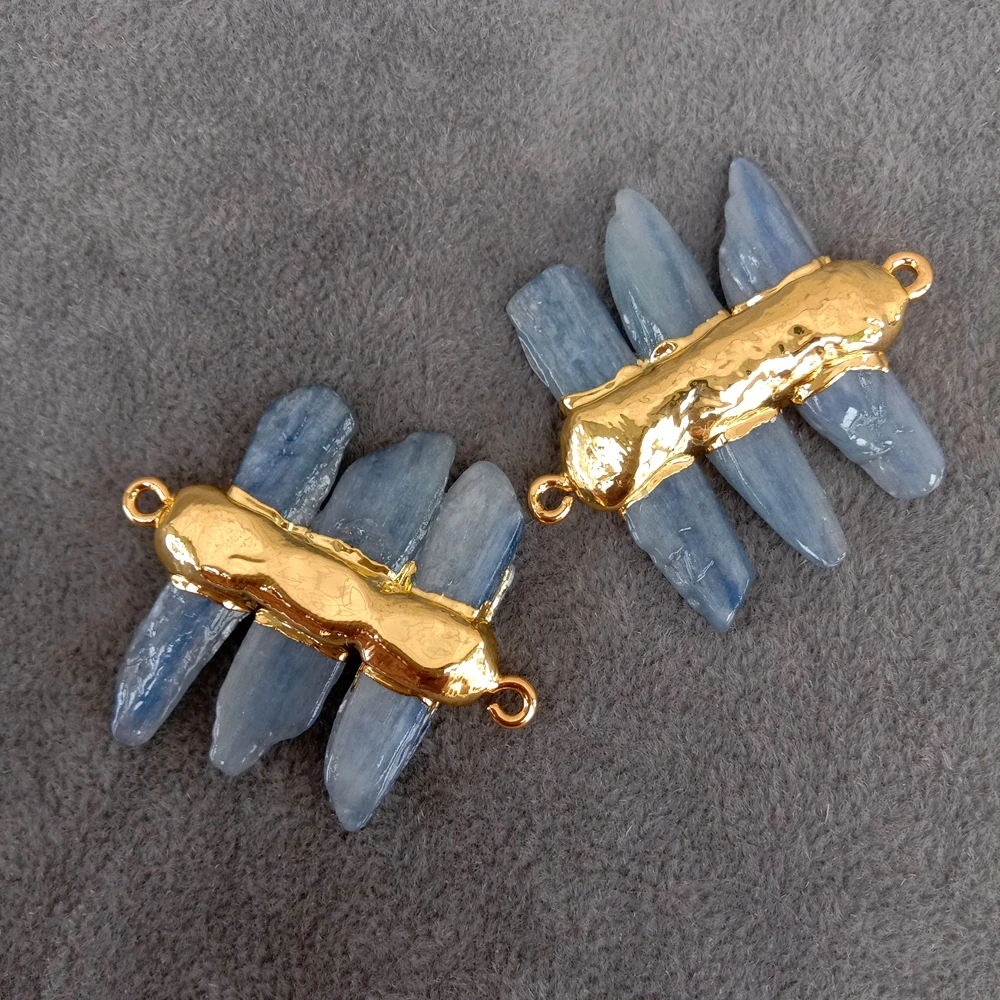 5 PCS 30x35mm Natural Blue kyanite Stone gold plated Double Bails  Connector