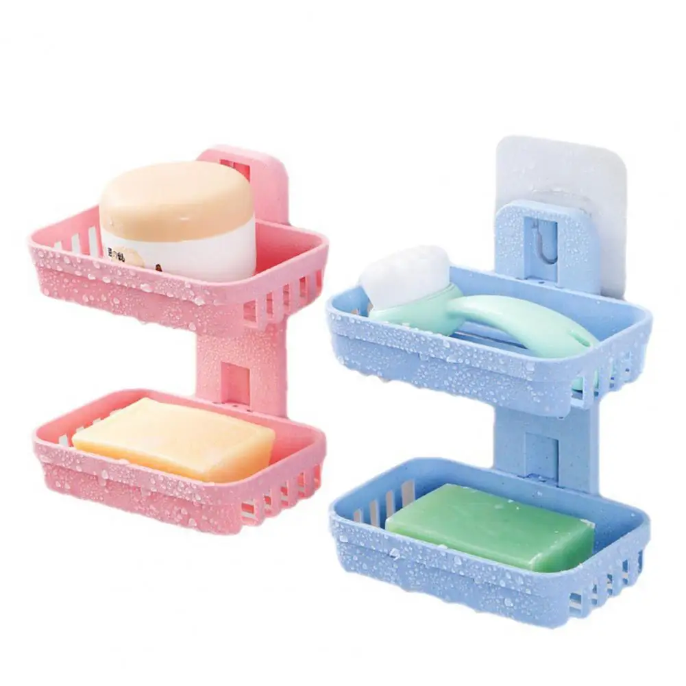 Wall Mounted Soap Box Double Layer Punch Free Hollow Drain Rectangle Soap Dry Shower Soap Dish Holder Container Bathroom