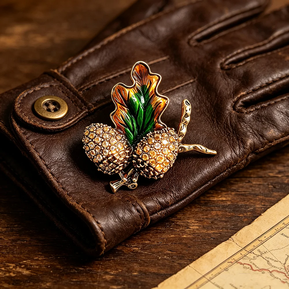 Vintage Rhinestone Acorn Oak Leaf Brooch, Retro Enamel Leaf Branch Lapel Pin, Autumn Plant Badge Coat Scarf Decor Jewelry Gift view 3