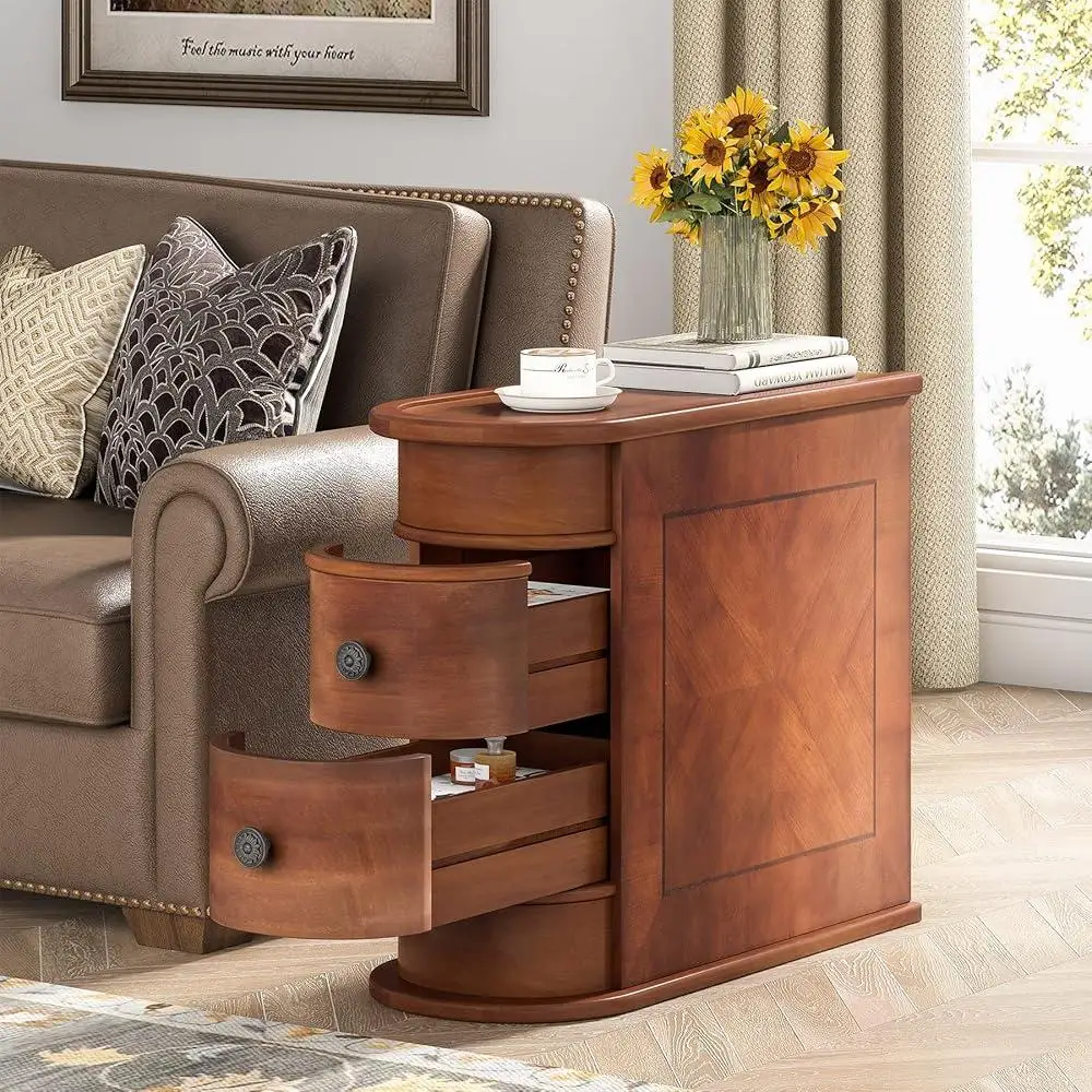 No Assembly Required Side Table Set of 2 with Drawers Vintage Slim End Table Storage Living Room Sofa Bedroom Office