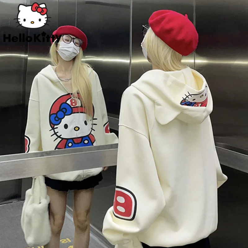 Sanrio Hello Kitty Korean Style Premium Cartoon Print Cardigan Female Plush Hooded Sweatshirt Y2k Cute Girl New Loose Ziper Coat