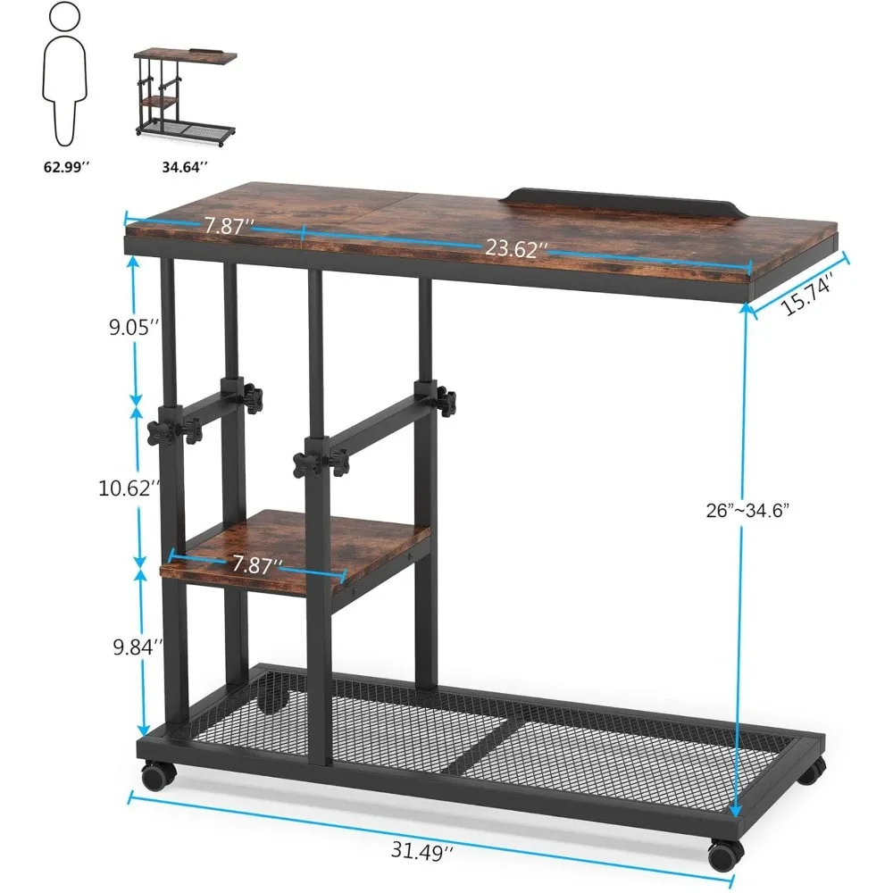 Height Adjustable C Table with Wheels, Mobile Couch Snack Side Table with Tiltable Drawing Board, Sofa Bedside Laptop Stand