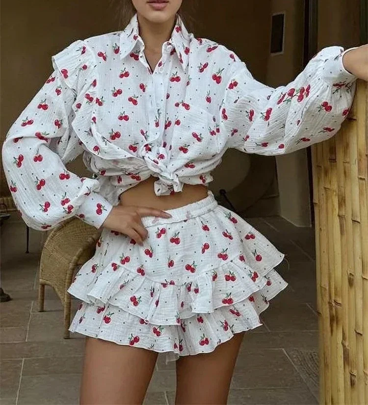 

Ruffled Printed Patchwork 2 Piece-Set Female Lace-Up Long Sleeve Cardigan And High Waist Shorts Sets Ladies OOutfits 2025