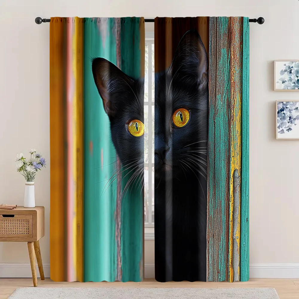 2pc,  Drapes black cat Versatile 100% Polyester,Without Electricity Versatile Applies to Living Room, Outdoor Decor