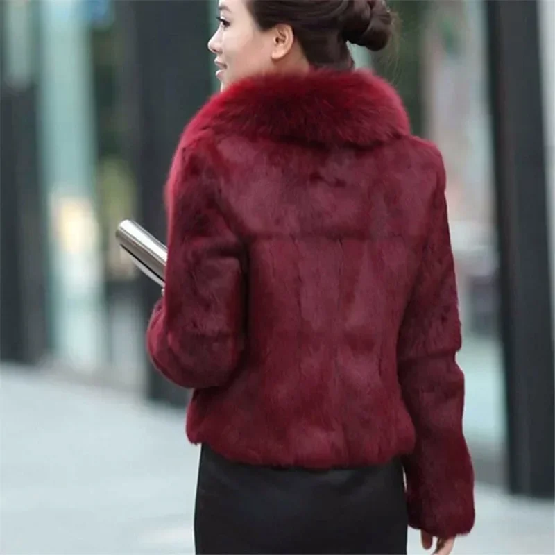 Faux Fur Coat Women Black 4XL  Short Jacket 2023 New Winter Fashion Mom Rabbit Fur Slim Green Fox Fur Collar  fluffy jacket