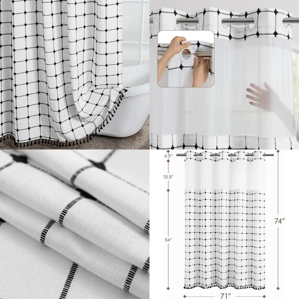 

Black and White Boho Farmhouse Shower Curtain with Jacquard Grid Pattern, Snap-in Liner, 71x74