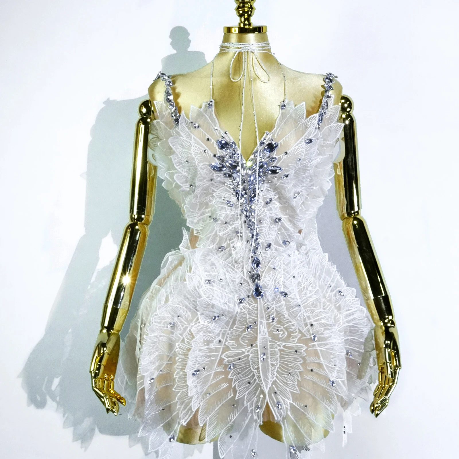 แฟชั่น Rhinestones ชุดผู้หญิงสีขาวเซ็กซี่ตาข่ายโปร่งใสมินิชุดวันเกิดไนท์คลับฉลองเครื่องแต่งกายประสิทธิภาพ