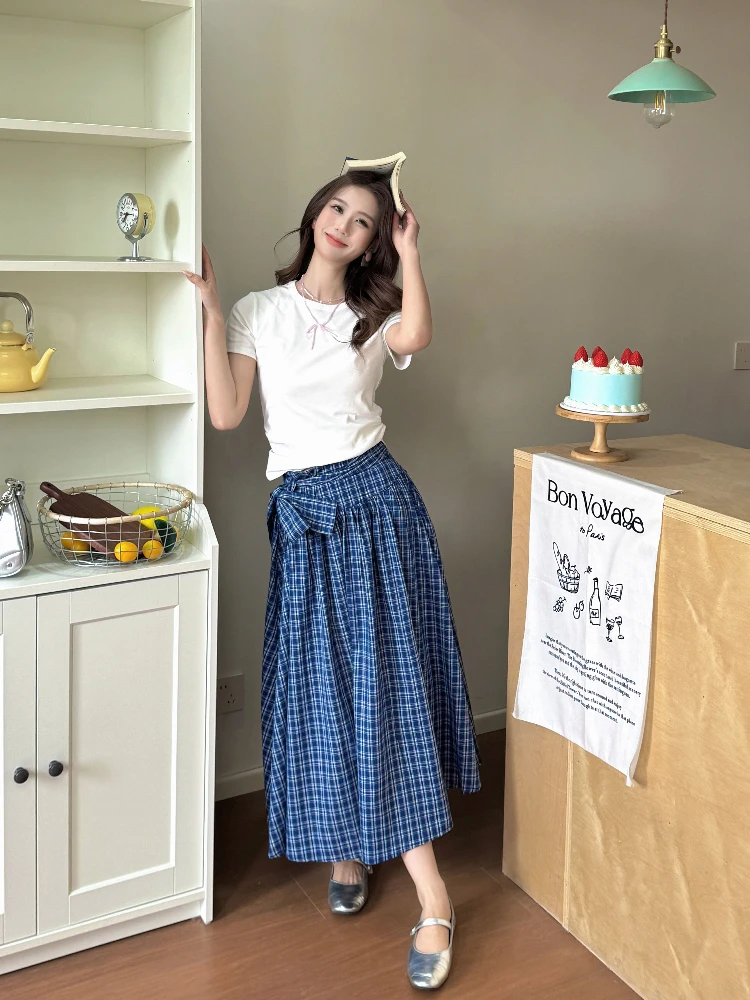 

Юбка А-силуэта с высокой талией и кружевной отделкой в корейском стиле, с клетчатым узором, весна-лето, новинка, женская юбка