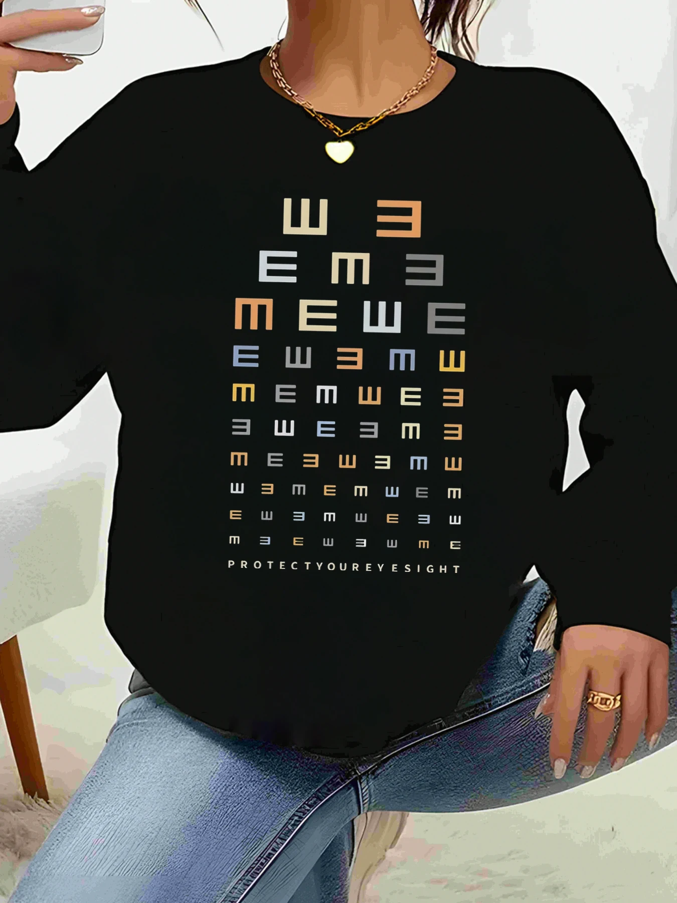 Eye Chart Print Long Sleeve Top Vision Test Design Casual Wear Women's Fashion