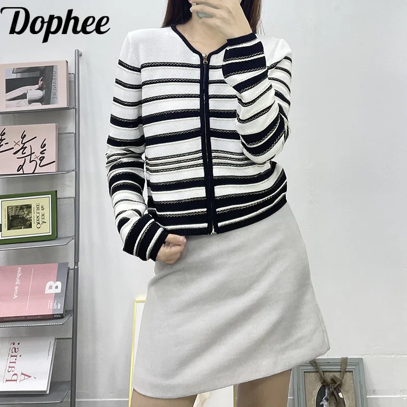 

Dophee 2024 New Spring Autumn Long Sleeve Women Zip Knitted Cardigans Coat Elegant Colorblock Stripes O-neck Casual Sweater Top