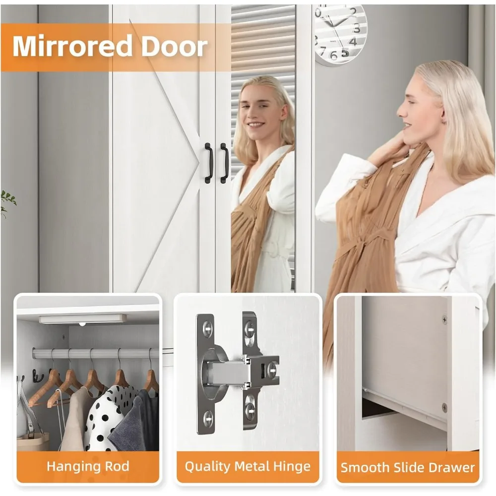 خزانة خزانة ملابس مع مرآة ودرجين، خزانة ملابس لغرفة النوم مقاس 72 بوصة مع قضيب معلق وإضاءة، غرفة نوم خشبية