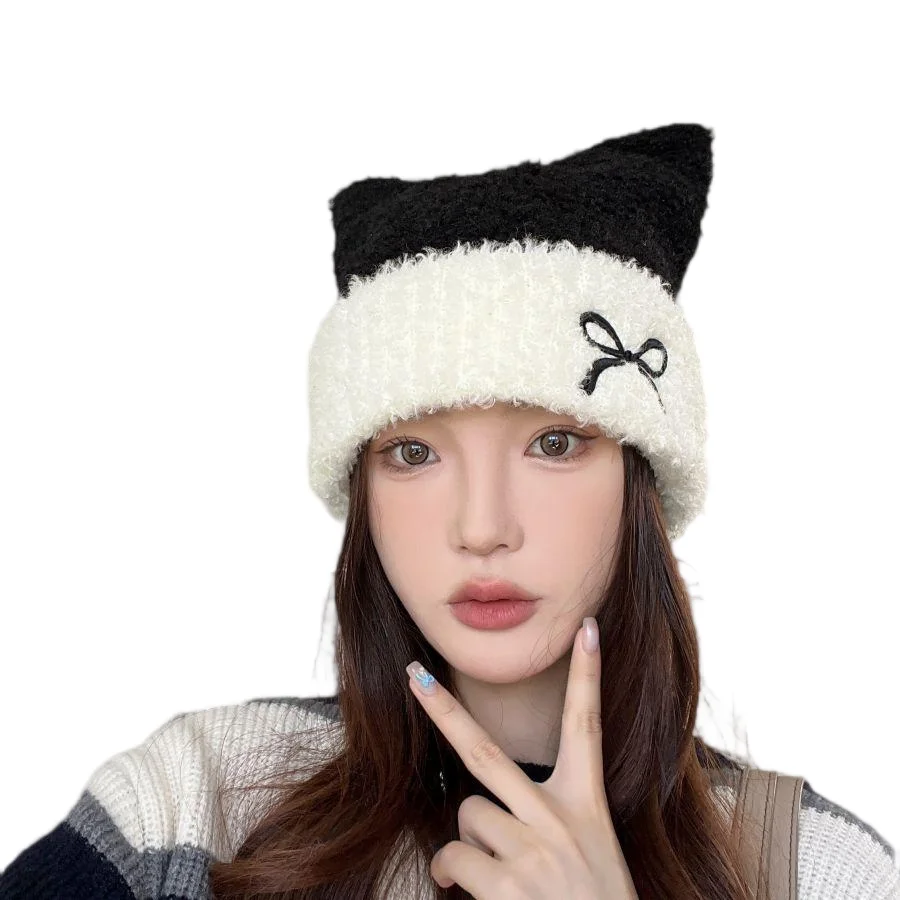 New Patchwork Faux Fur Beanie Hat Embroidery Bow Women Autumn Winter Warm Soft Cute Cat Ear Elegant Skullies Holloween Cap Hat