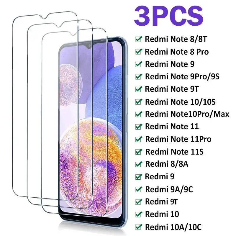 

3Pcs Full Protective Xiaomi Note 11 10 8 7 9 Pro 10S 9S 8T Screen Protector For Redmi 8A 9A 9C 9T 10A 10C Glass