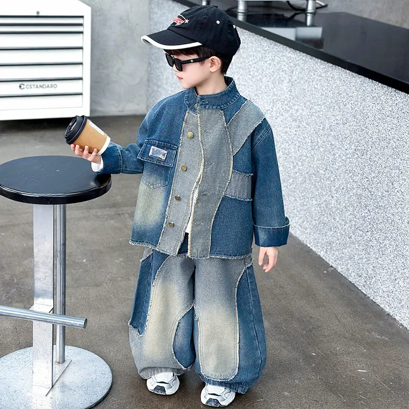 High Fashion Children Outfit Kids Clothes Set Boys Denim Patchwork Suit Children's Cool Jeans jacket+Loose Jeans 2pcs Suit 3-15Y