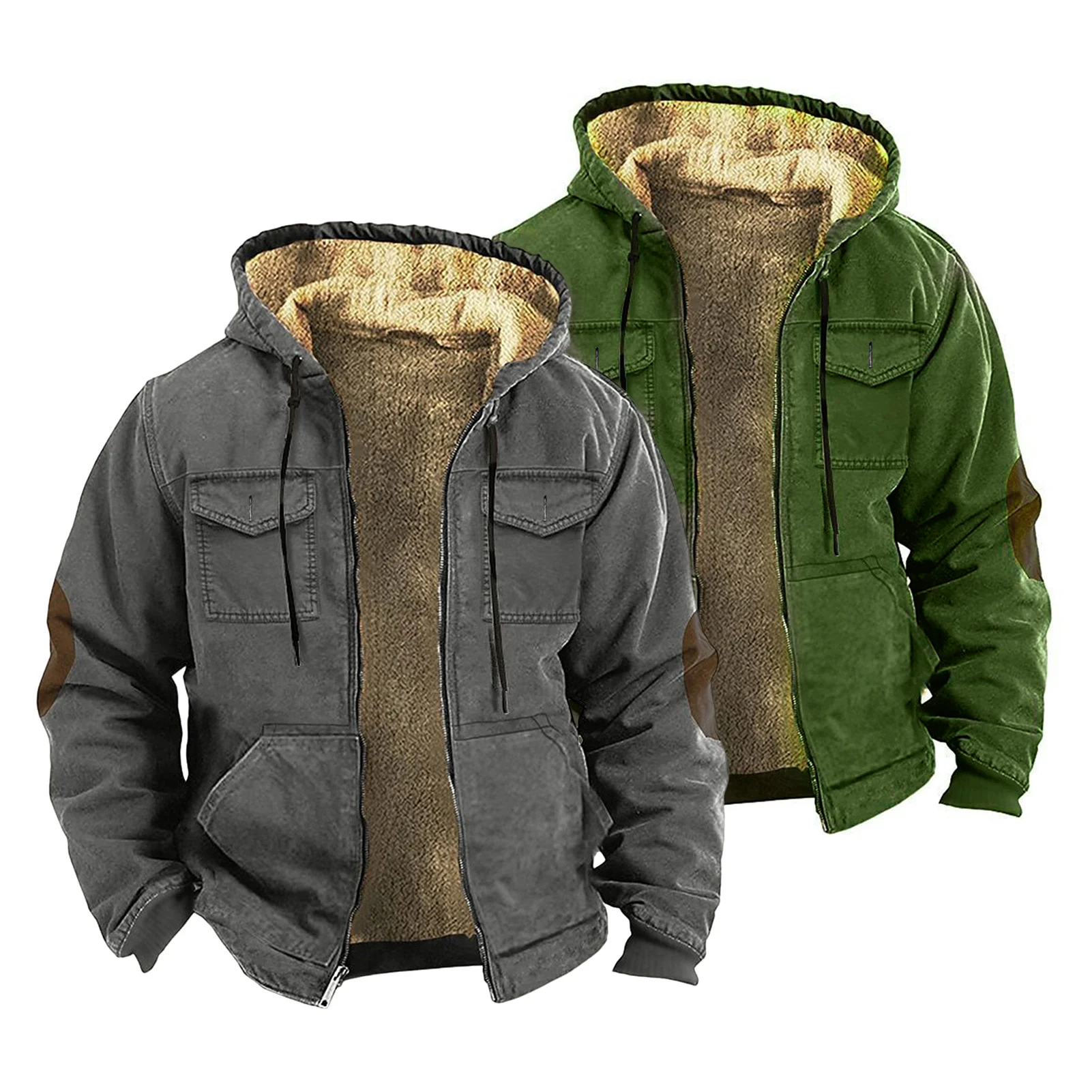 2025 Men Winter Sherpa Jacket Contrast Color Patchwork Fuzzy Coat Hooded Thick Warm Loose Fleece Streetwear Harajuku Parkas