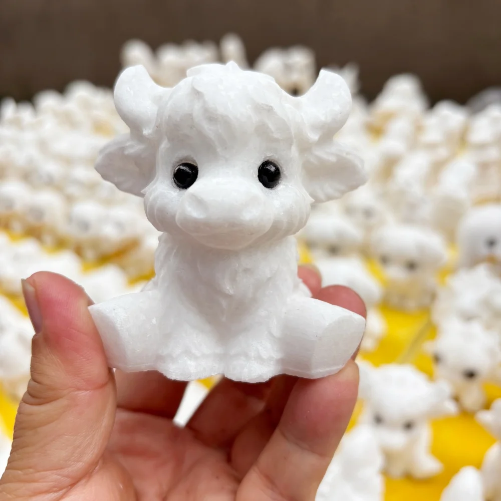 1PCS Natural White Marble Jade Highland Yak Cow Carving Polished Reiki Healing Fengshui Energy Decorative Sculpture for Room Gif