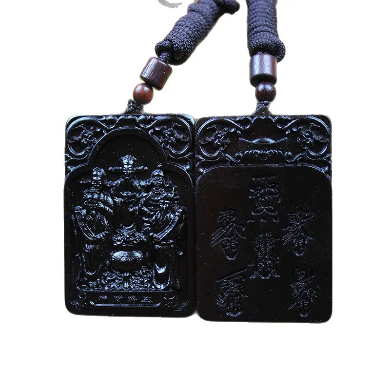 Chinese Style Lucky Double Sided Carved Thunder Struck Jujube Wood Five Wealth Gods Pendant Necklace Taoist Amulet For Wealth