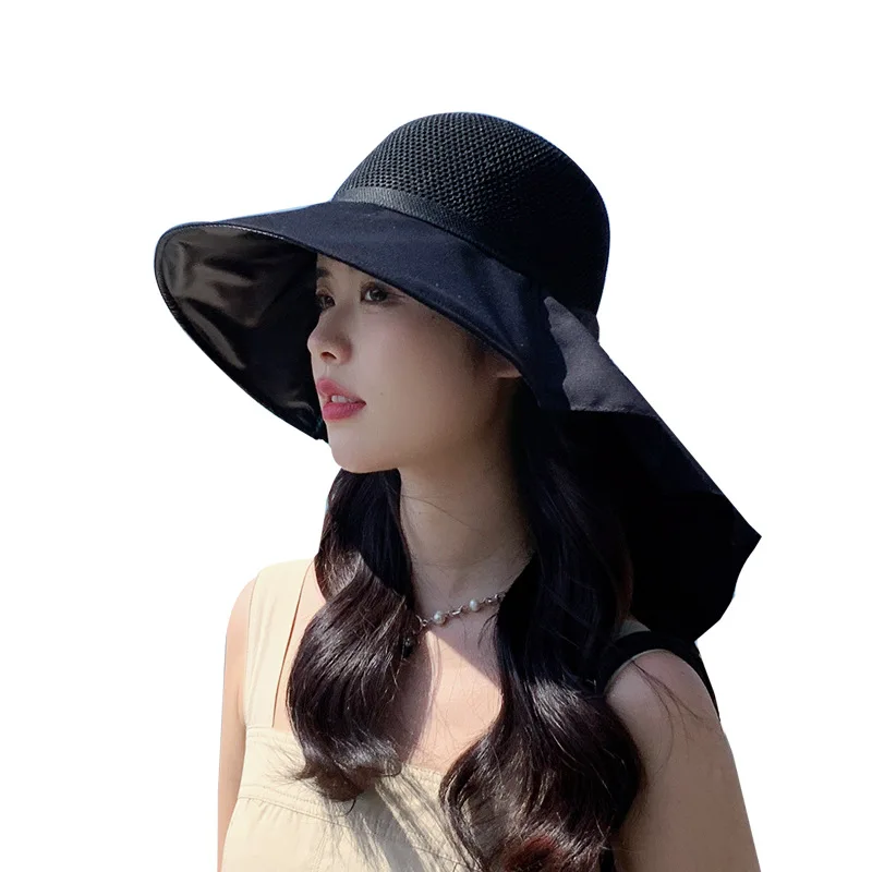 Summer Women Bucket Hat with Shawl Lightweight Breathable Mesh Face Neck Protection Sun Hat Bow Pleat  Beach Cap Design Travel