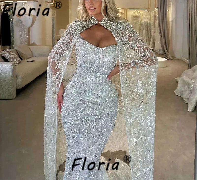 Robe de soirée sirène de luxe, style dubaï, perles, longue Cape amovible, Couture en cristal, robe de soirée de mariage, personnalisée