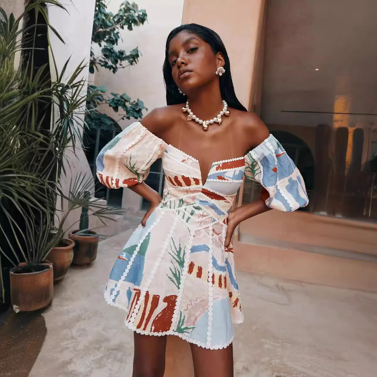 

Women Vintage Print Patchwork Mini Dress Summer Sexy Fashion Elegant Short Sleeve Bodycon Off Shoulder Backless Party Dresses