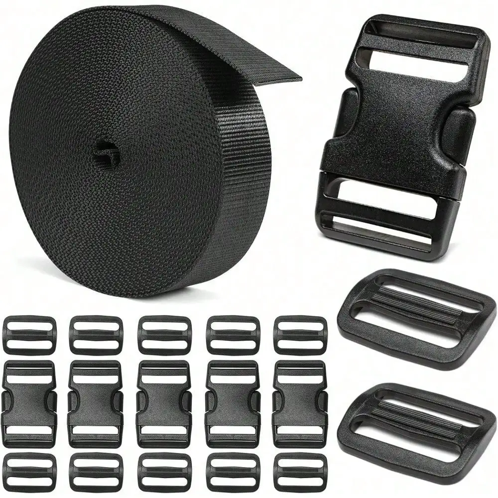 

1-1/2" Straps and Buckles Set: 6.07 Yard Nylon Webbing 1.5 Inch (38 Mm) Wide, 6 Pack Side Release Buckle, 12 Pcs Tri-Glide Sliders, Plastic Clip Fasteners Replacement Heavy Duty Dual Adjustable No Sew