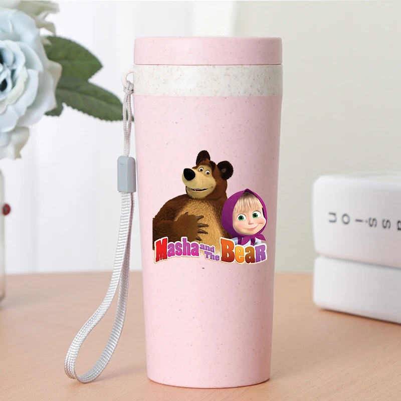 350ml Mashas and The Bears Water Cup Cartoon Character Crystal Stickers Drinking Glass Student Kawaii Portable Kettle Kids Gifts