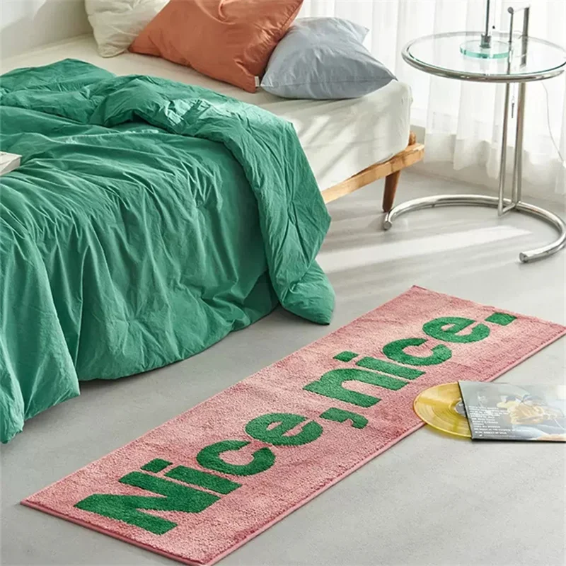 

Nordic Green Letter Rug Soft Fluffy Long Anti Slip Bedroom Bedside Mat Floor Pad Kids Room Carpet Nursery Home Spring Decor