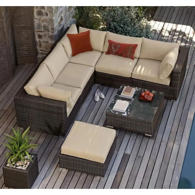 6 Seater Small Garden Sectional Sofas Couch Furniture Rattan Wicker Outdoor Patio Conversation Sets