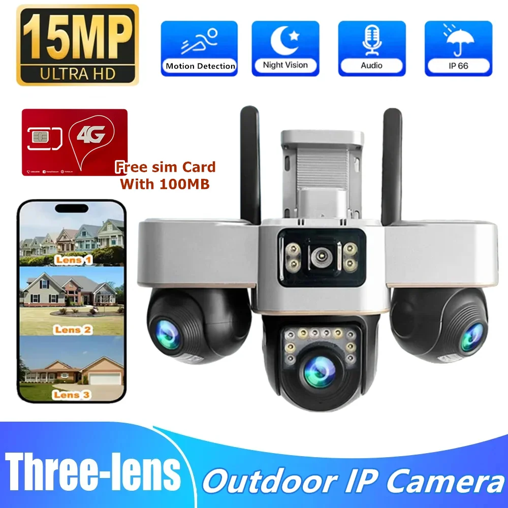 

15-мегапиксельная 4G IP-камера, беспроводная уличная камера с тремя объективами, PTZ-объектив, двусторонняя аудиосвязь, камера наблюдения с автоматическим отслеживанием человека