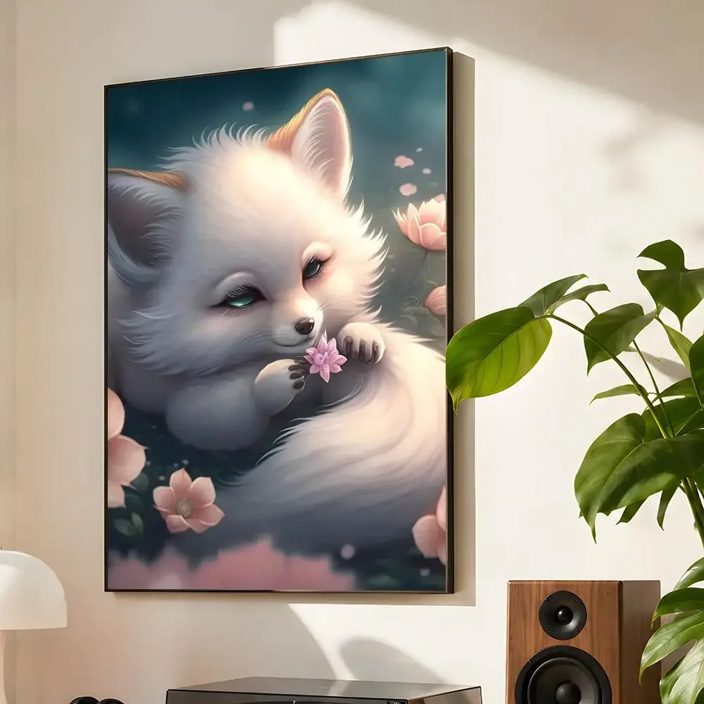 Mystical Japanese Style Fantasy Cherry Blossoms And The Nine Tailed Fox Poster Matte Wall Art Waterproof Room Decoration Bedroom